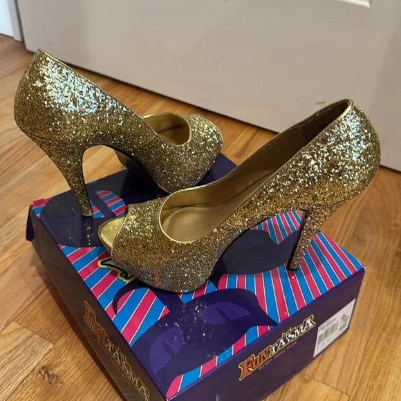 Fun Taisma Gold Glitter Peep-Toe Pump High Heels shoes Sz 9 original box - Picture 1 of 11